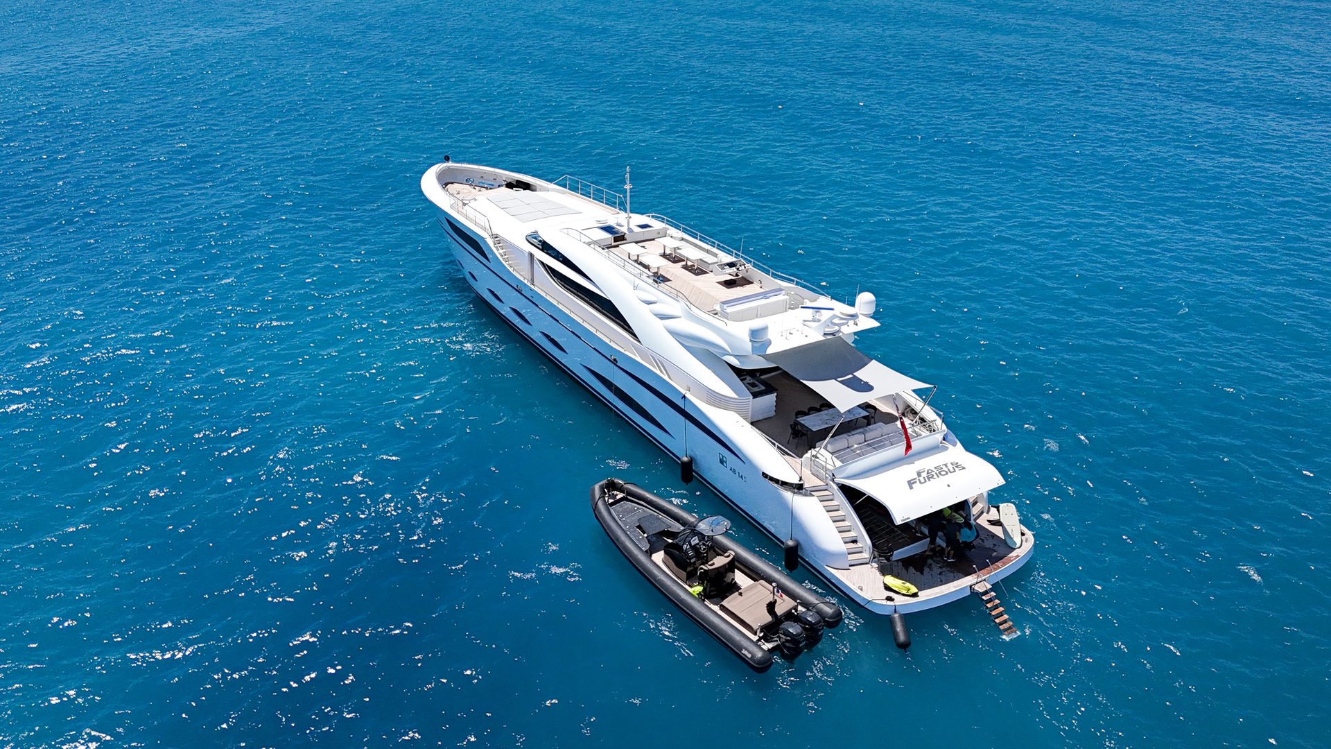 AB 145 superyacht exterior — private charter 5 cabins 10 guests